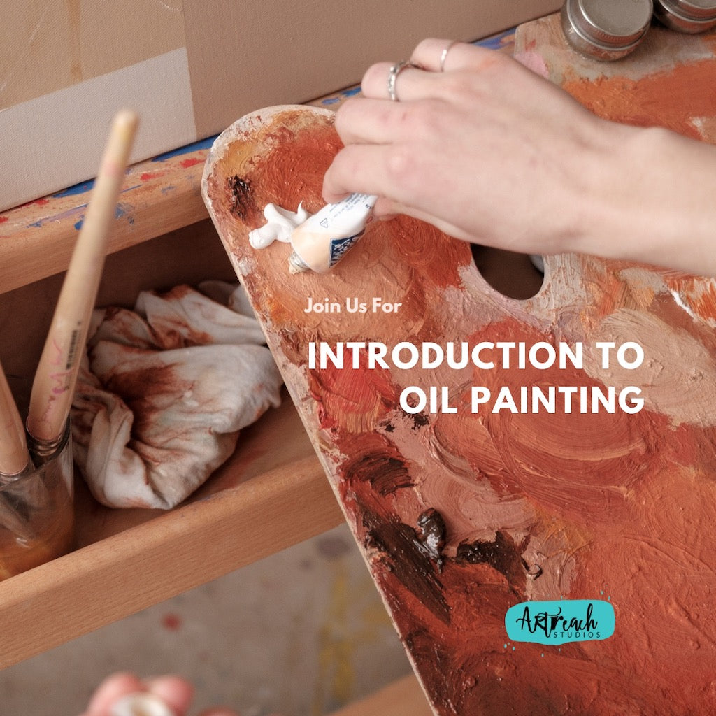 Introduction to Oil Painting flyer showing a hand squeezing oil paint onto a wooden palette